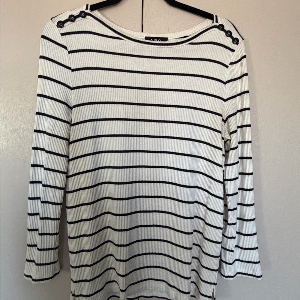 A.P.C. Women's Black and White Striped Long Sleeve Top Boatneck